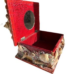 Vintage Red Seashell Embellished Jewelry Box with Mirror